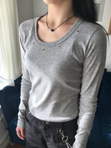 エンドUネックアイレットスタッドクロップTシャツ (6c)