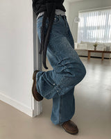 ドゥーンサイドリベットワイドデニムロングパンツ