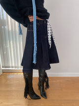 Dark blue raw cotton flared pleats midi skirt
