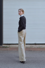 PINTUCK WIDE WOOL SLACKS PANTS - CREAM