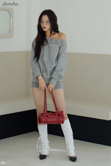 Unbalanced off-shoulder gray loose fit sweatshirt