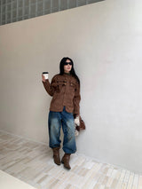Suede lace-up no-collar jacket