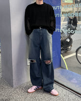 Ripper washed wide denim pants