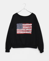 Murhit American Flag Printed One-Off Shoulder Long Sleeve Sweatshirt