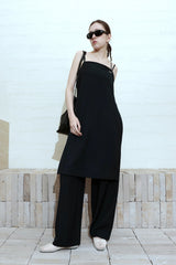 [SET-UP] DEEP SLIT DRESS, EASY BANDING SLACKS SET_NAVY