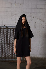 2Way Big Hood Off-Shoulder Mini Dress - Black