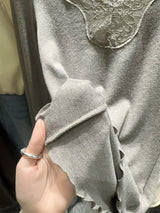 wool base lace V-neck long-sleeved t-shirt