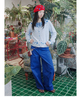 UnsocalNight2025 Original Literary Retro Autumn and Winter プリントブルーストレートマシェパンツ