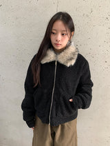 Sanpori Quilted Boucle Fur Collar Short Jacket