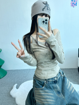 STUD SHIRRING TANK LAYERED SLIM LONG SLEEVE🤎🩶 - 2 COLORS