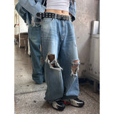[Unisex] 膝下ダメージワイドデニムパンツ