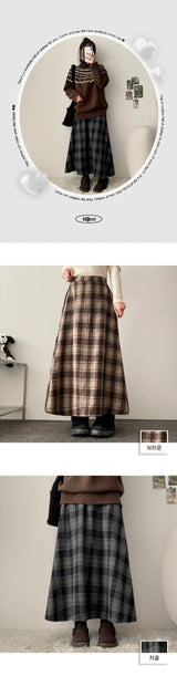 Vient Checkered Flare Banded Waist Long Skirt