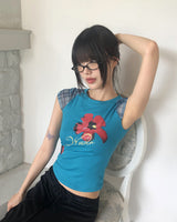ハーフピンフラワープリンテッドブルーショートスリーブTシャツ