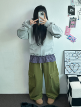 フリースピカブルー❤ベーシックワイドカーゴバルーンロングパンツ💚💙🖤🩶🤍5カラー