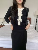 Quiet Bow Ribbon Trim Contrast Knit Long Sleeve Top