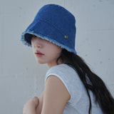 Frayed Hem Moon Bucket Hat (Blue Denim)
