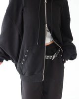 パンチングアイレットダメージオーバーサイズフィットフードジップアップ