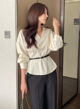 Doberin Open Collar Pintuck Blouse (Belt Set)