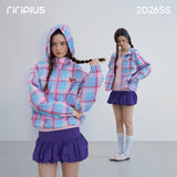 Riverstone Plus Women Plaid Hooded Windbreaker, Sausage Dog Embroidery Color Block Casual Zip Jacket