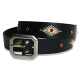 crystal stud & wax thread leather belt black