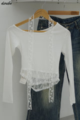 Lace Choker Scarf Unbalanced Long-Sleeved T-Shirt