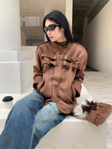 Suede lace-up no-collar jacket
