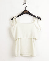 Sirom Ribbon Strap Ribbed Off Shoulder Short Sleeve T-Shirt