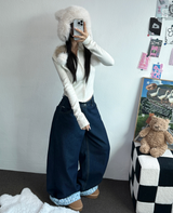 RIBBON🎀WIDE RIBBON ROLL-UP DENIM PANTS 🩵🎀
