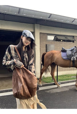 マルチチェックパターンルーズワイド長袖シャツ