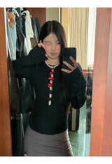 Red bow slit long-sleeved knit shirt