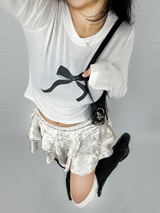 BASIC BOW-DETAIL SEMI-CROPPED STRETCH ROUND U-NECK LONG-SLEEVE TEE