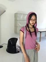 レオンストライプ配色半袖フードTシャツ