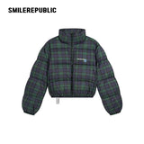 Dark Navy Plaid Polyester 90% White Duck Down Cropped Full Zip Puffer Jacket with Stand Collar