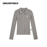 Gray Polyester Blend Ribbed Knit Embroidered Logo Fitted Button-Front Collared Cardigan for Women