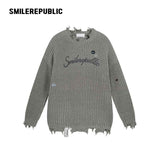 カーキグレーフリンジエッジ刺繍パッチオーバーサイズクルーネックニットセーター