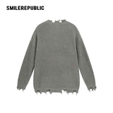 カーキグレーフリンジエッジ刺繍パッチオーバーサイズクルーネックニットセーター