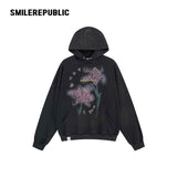 Washed Black Cotton Blend Floral Graphic Oversized Pullover Hoodie with Kangaroo Pocket