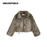 Women's Acrylic Blend Faux Fur Cropped Zip Jacket with Embroidered Back Logo, Casual Winter Outerwear