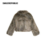 Women's Acrylic Blend Faux Fur Cropped Zip Jacket with Embroidered Back Logo, Casual Winter Outerwear