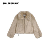 Women's Acrylic Blend Faux Fur Cropped Zip Jacket with Embroidered Back Logo, Casual Winter Outerwear