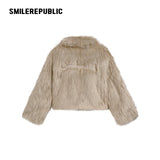 Women's Acrylic Blend Faux Fur Cropped Zip Jacket with Embroidered Back Logo, Casual Winter Outerwear