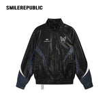 Black Navy and White PU Coated Faux Leather Color Block Butterfly Graphic Stand Collar Zip Jacket