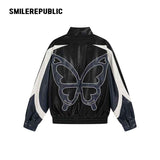 Black Navy and White PU Coated Faux Leather Color Block Butterfly Graphic Stand Collar Zip Jacket