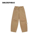 Khaki 100% Cotton Double Waistband Barrel Leg Casual Pants with Logo Detail