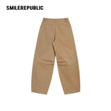 Khaki 100% Cotton Double Waistband Barrel Leg Casual Pants with Logo Detail