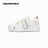 Cream Smile Toe Platform Sneakers, Unisex Low Top Lace Up Shoes