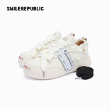 White Frayed Canvas Platform Sneakers, Unisex Low Top Lace Up Shoes