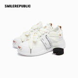 Cream Smile Toe Platform Sneakers, Unisex Low Top Lace Up Shoes