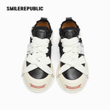 Black Frayed Trim Platform Sneakers with Interchangeable Smile Toe, Low Top Lace Up