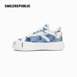 Light Blue Plaid Denim Smile Toe Platform Sneakers, Unisex Lace Up Shoes